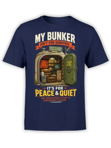 Vintage apocalypse bunker graphic tee in navy with snacks, sarcasm, and a peace and quiet message