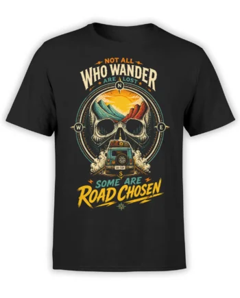 Black road trip T-shirt with skull mountain scene, compass, sunset, jeep, and wanderer lettering