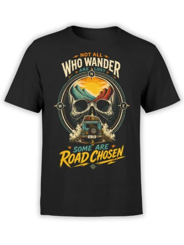 Black road trip T-shirt with skull mountain scene, compass, sunset, jeep, and wanderer lettering