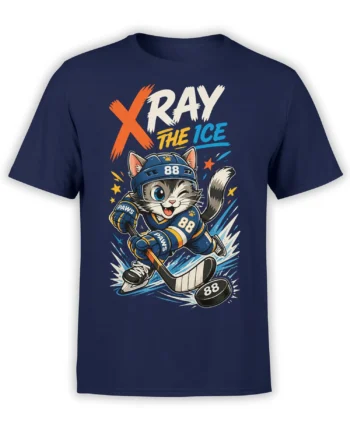 Hockey cat in blue gear skating with a stick and puck on a navy graphic T-shirt