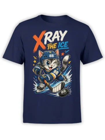 Hockey cat in blue gear skating with a stick and puck on a navy graphic T-shirt