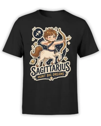 Black Sagittarius T-shirt with a starry centaur archer, bow and arrow, and “Hunt Big Dreams” lettering