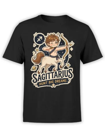 Black Sagittarius T-shirt with a starry centaur archer, bow and arrow, and “Hunt Big Dreams” lettering