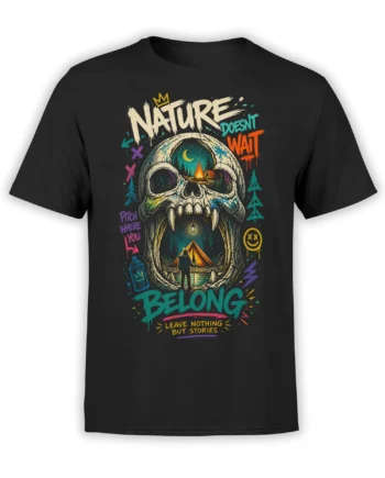 Black camping T-shirt with a colorful skull framing a forest campsite, campfire, tent, moon, and traveler