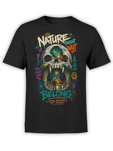 Black camping T-shirt with a colorful skull framing a forest campsite, campfire, tent, moon, and traveler