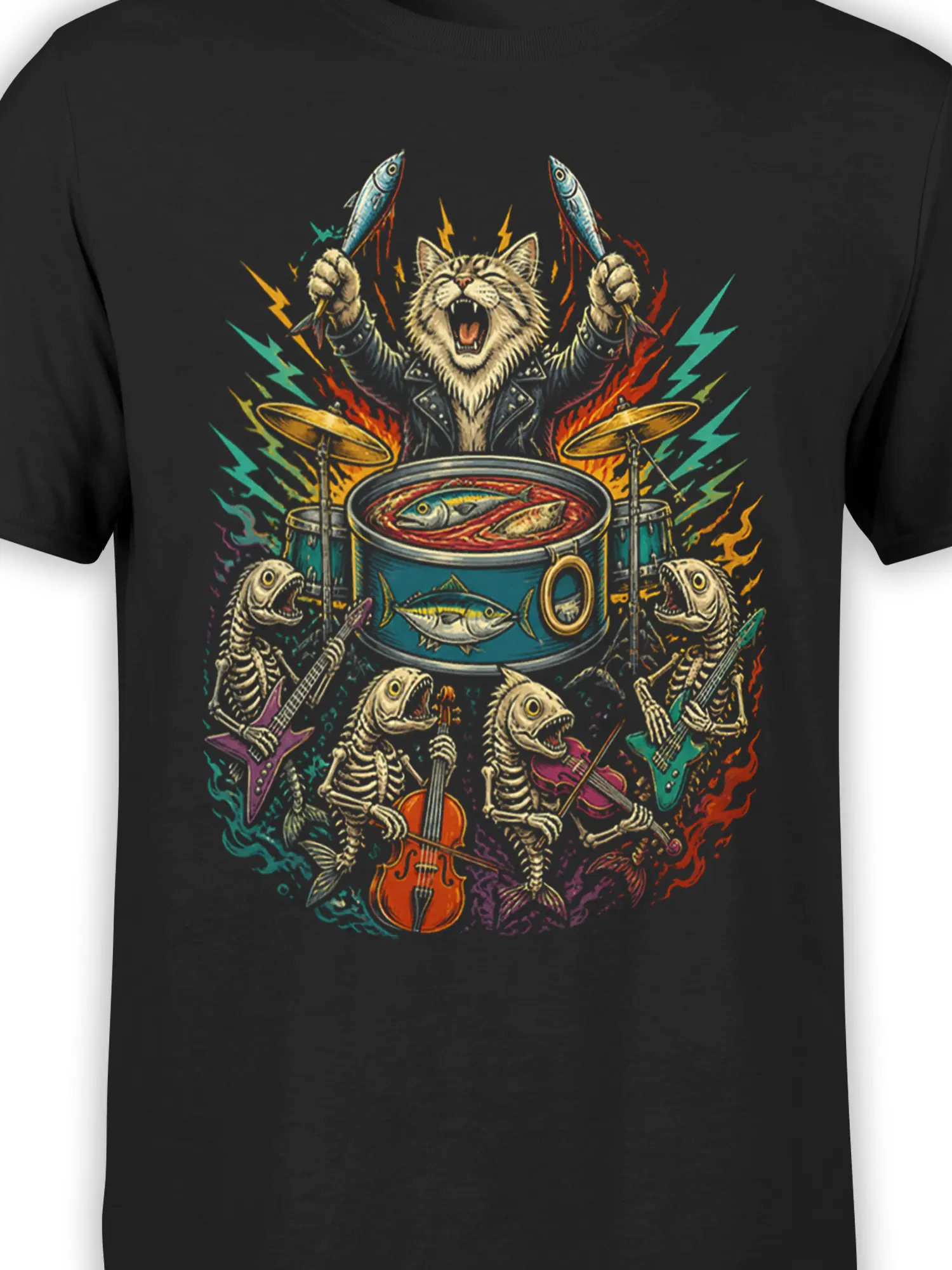 Close-up of striped cat and fish skeleton rock band graphic on black T-shirt