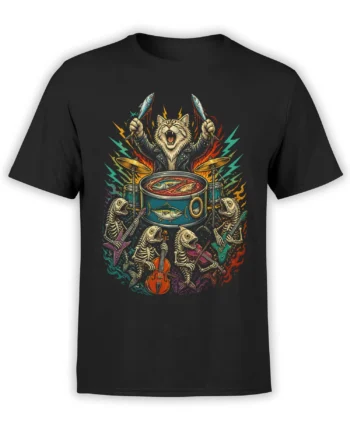 Black T-shirt with a striped cat drummer and colorful fish skeleton rock band artwork