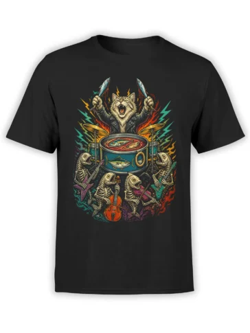 Black T-shirt with a striped cat drummer and colorful fish skeleton rock band artwork