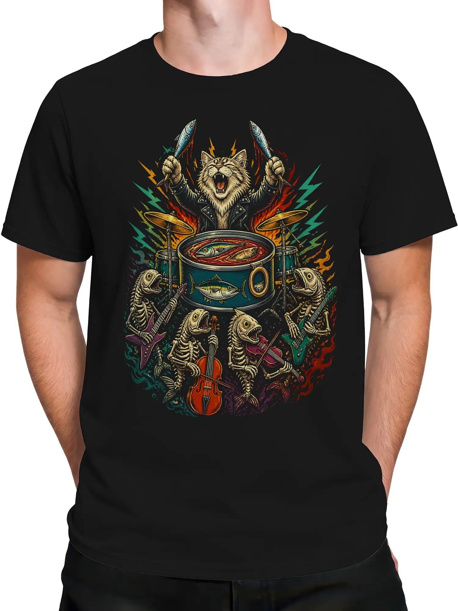 Male torso wearing a black T-shirt with cat drummer and fish skeleton band artwork
