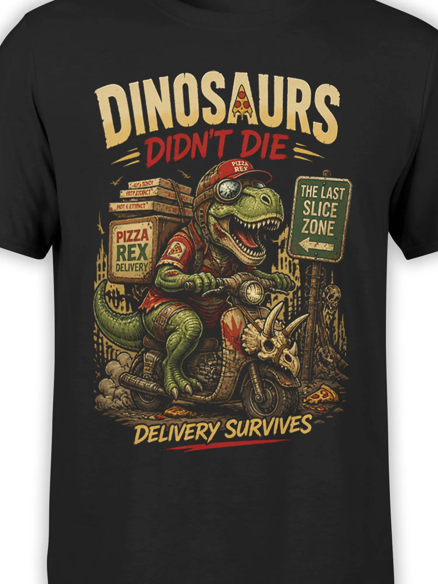 Close-up of green dinosaur pizza delivery artwork and vintage “Delivery Survives” lettering on black shirt