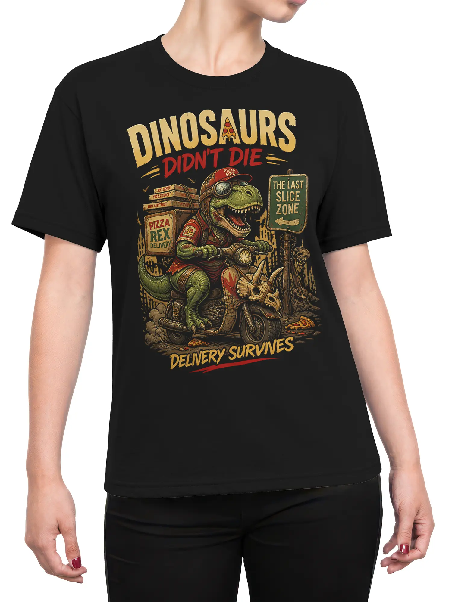 Female torso wearing black dinosaur pizza delivery graphic tee with Pizza Rex artwork and vintage lettering
