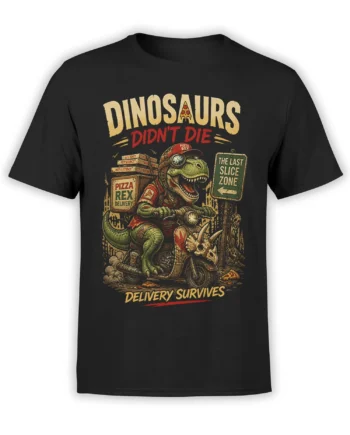 Black T-shirt with green dinosaur pizza delivery rider and “Dinosaurs Didn’t Die” vintage graphic
