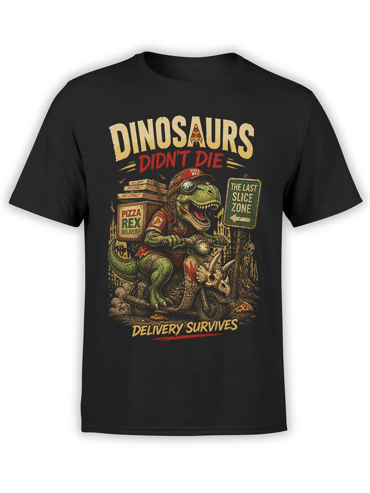 Black T-shirt with green dinosaur pizza delivery rider and “Dinosaurs Didn’t Die” vintage graphic