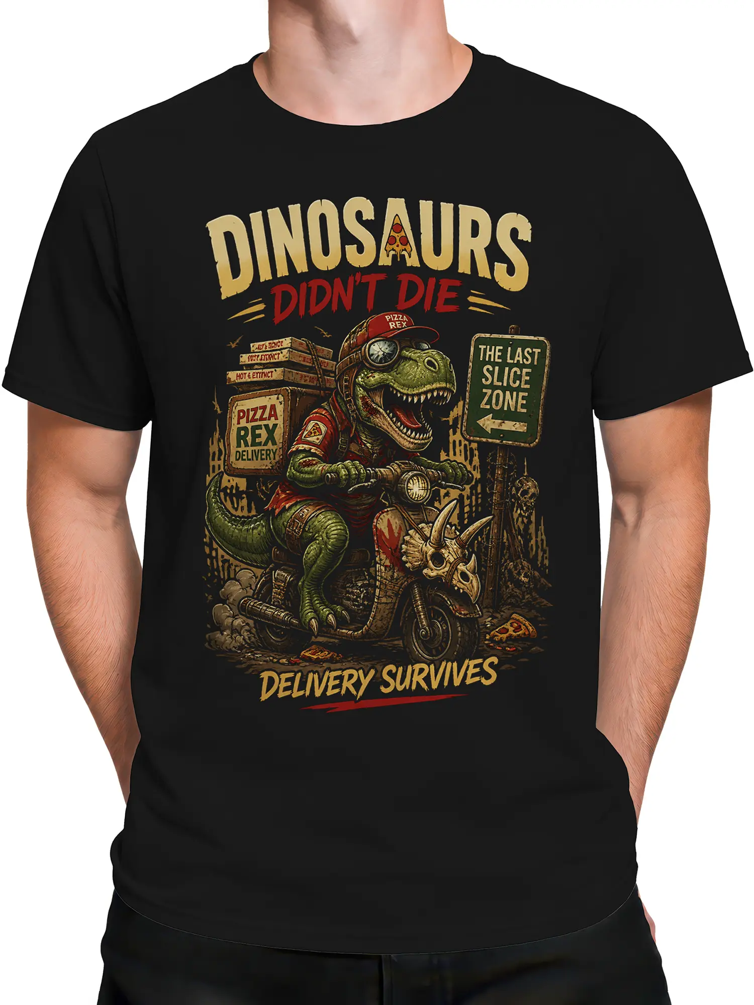 Male torso wearing black dinosaur pizza delivery T-shirt with green rider and “Delivery Survives” design