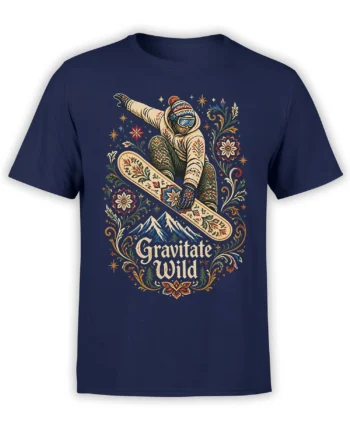 Front view of a navy snowboarding t-shirt with a floral folk-art rider, mountain peaks, and “Gravitate Wild” text