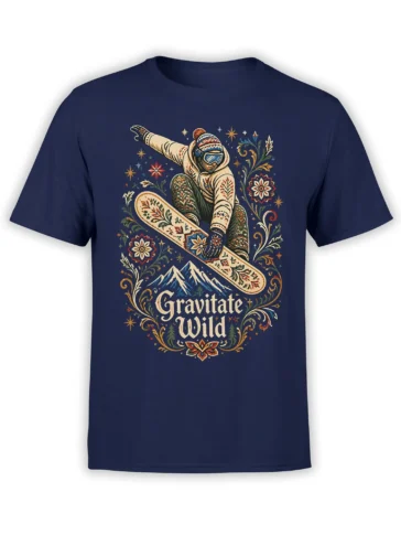 Front view of a navy snowboarding t-shirt with a floral folk-art rider, mountain peaks, and “Gravitate Wild” text
