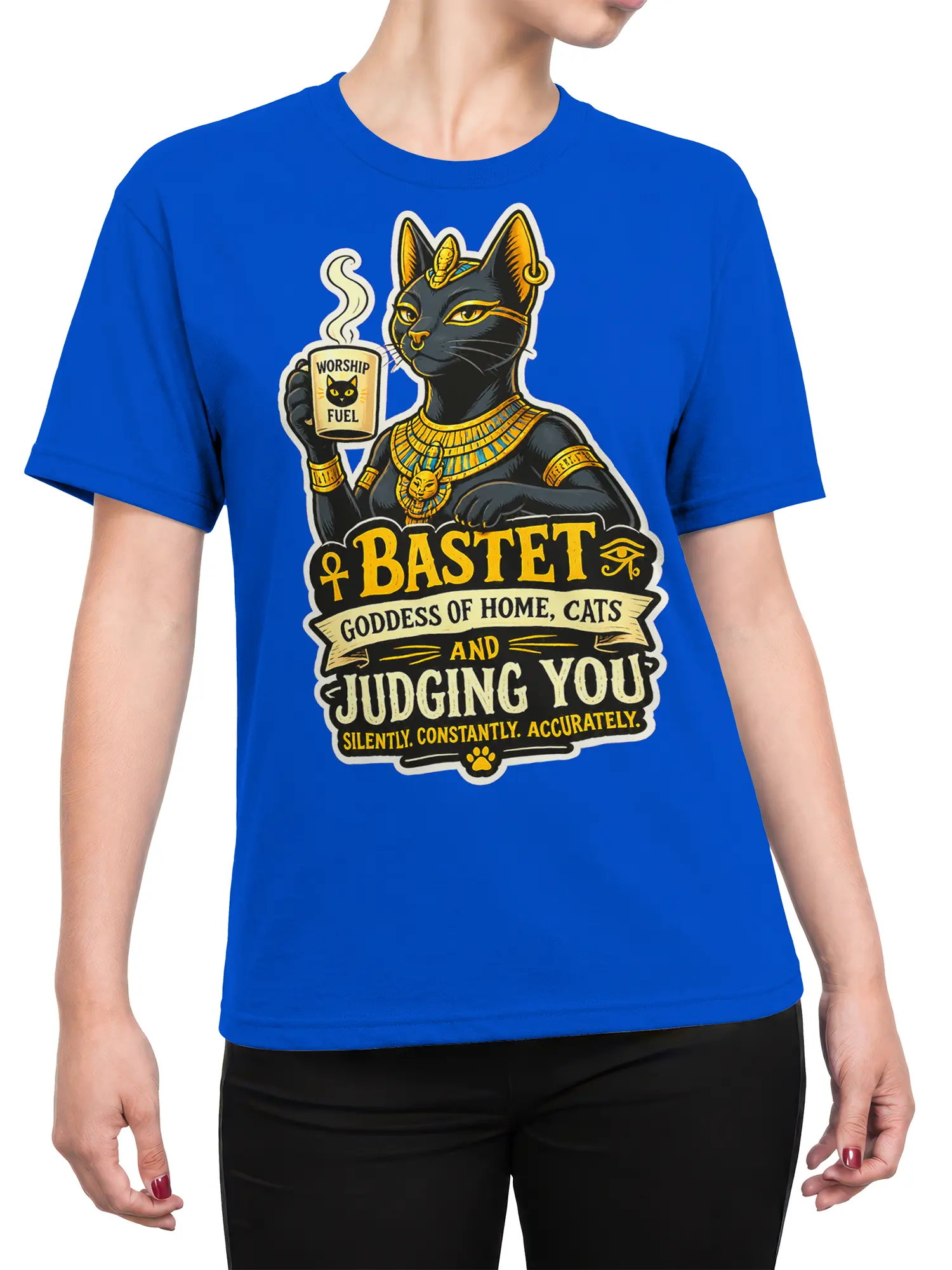 Female torso wearing a blue Bastet Egyptian cat goddess graphic T-shirt with bold gold and black artwork