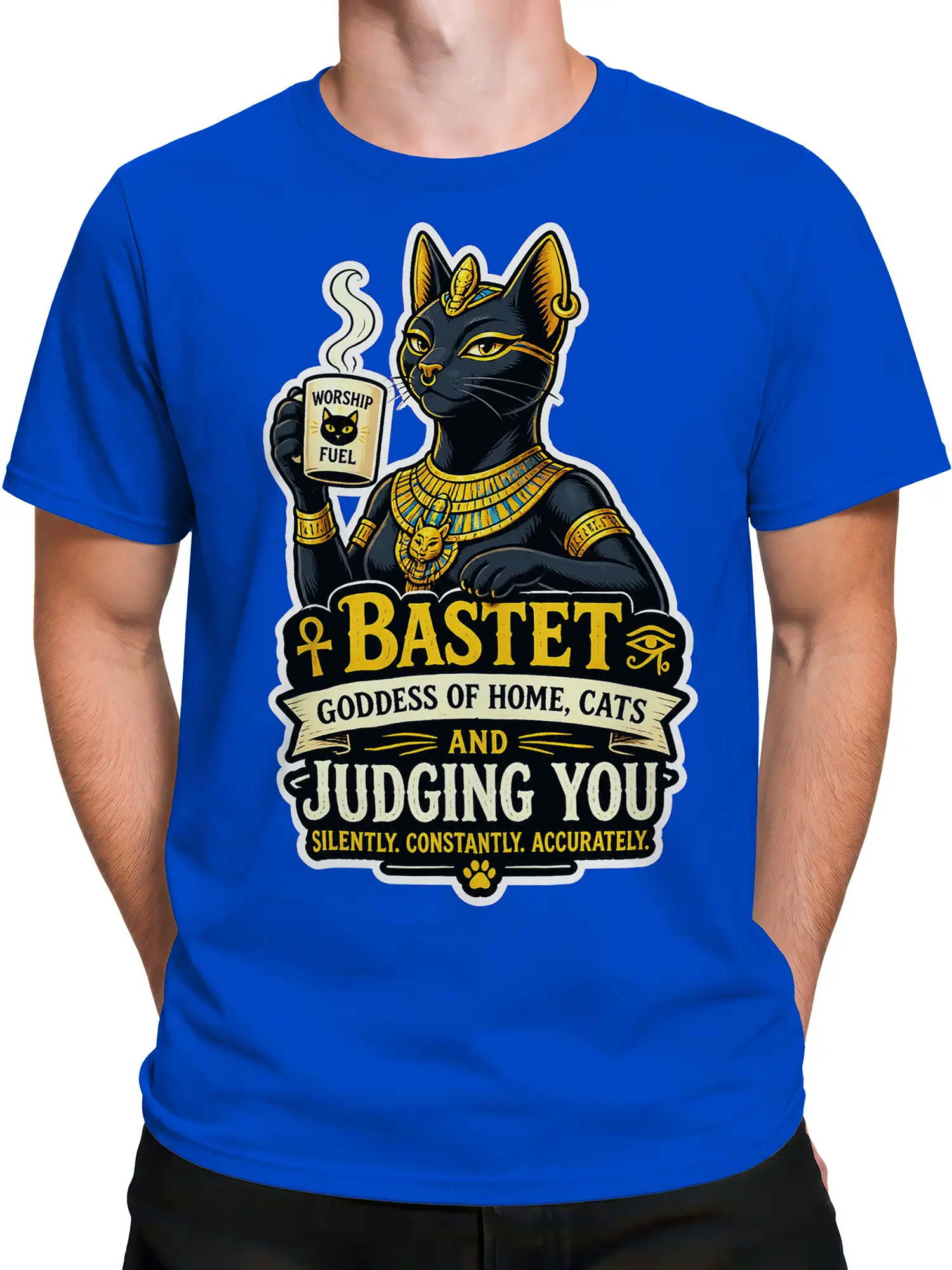 Male torso wearing a blue Egyptian cat goddess T-shirt with Bastet artwork and a humorous judgment message