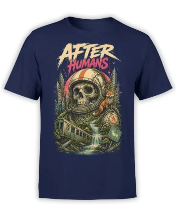 Front view of navy shirt with a post-apocalyptic skull astronaut, fox, waterfalls, and AFTER HUMANS artwork