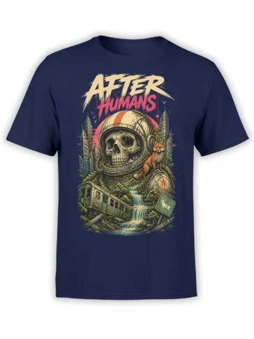 Front view of navy shirt with a post-apocalyptic skull astronaut, fox, waterfalls, and AFTER HUMANS artwork
