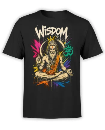 Black T-shirt with a colorful meditating sage, WISDOM lettering, Om symbol, and vibrant paint splashes