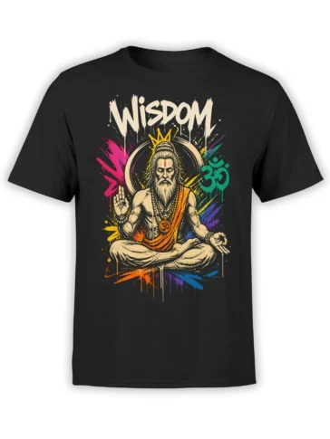 Black T-shirt with a colorful meditating sage, WISDOM lettering, Om symbol, and vibrant paint splashes
