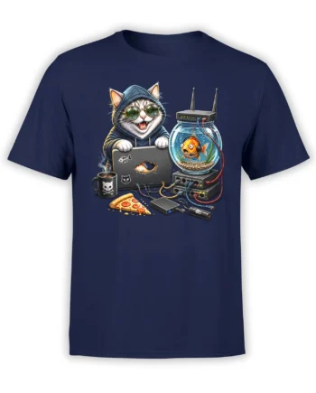 Tech-savvy cat in glasses beside a wired fishbowl, laptop, pizza, and routers on a navy cat t-shirt
