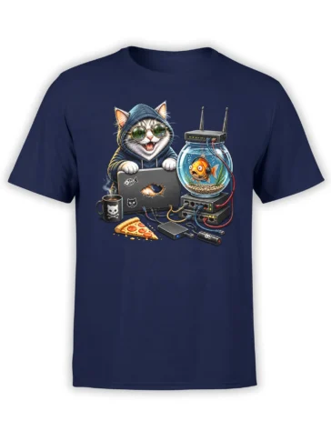 Tech-savvy cat in glasses beside a wired fishbowl, laptop, pizza, and routers on a navy cat t-shirt