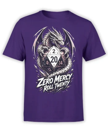 Purple RPG T-shirt featuring a fierce winged dragon wrapped around a twenty-sided die with bold lettering