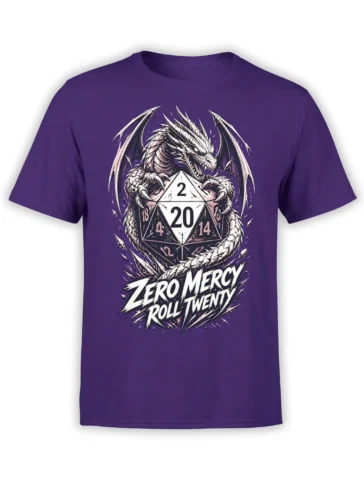 Purple RPG T-shirt featuring a fierce winged dragon wrapped around a twenty-sided die with bold lettering