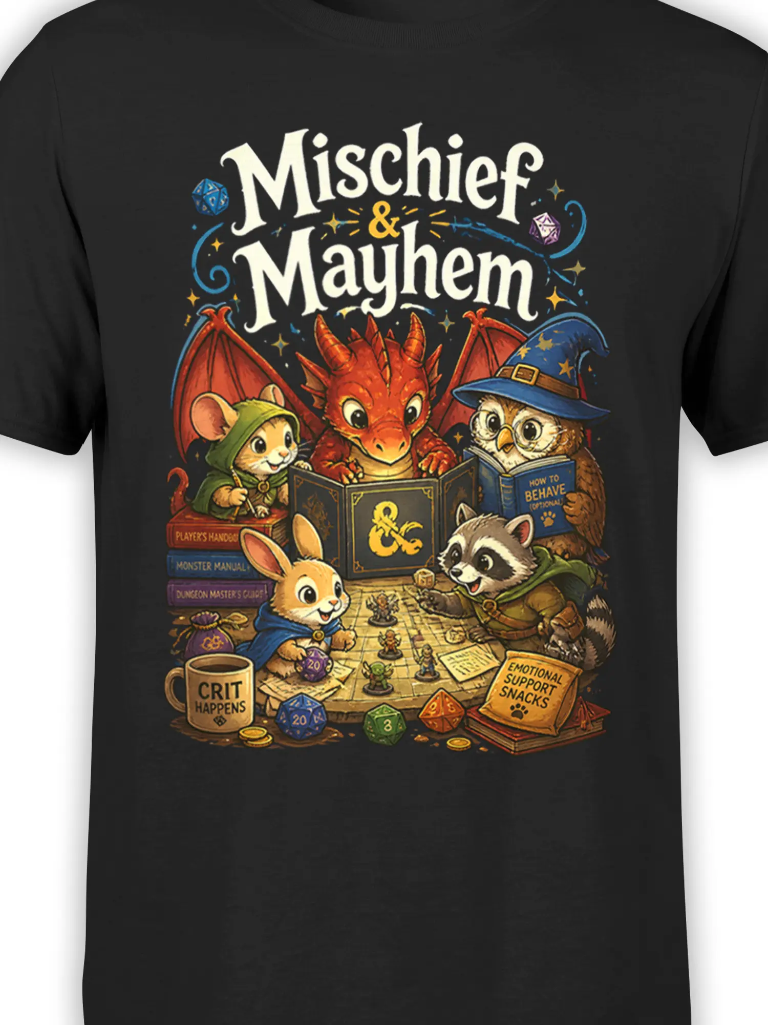 Close-up of black fantasy T-shirt design with dragon, animal adventurers, dice, and “Mischief & Mayhem” text