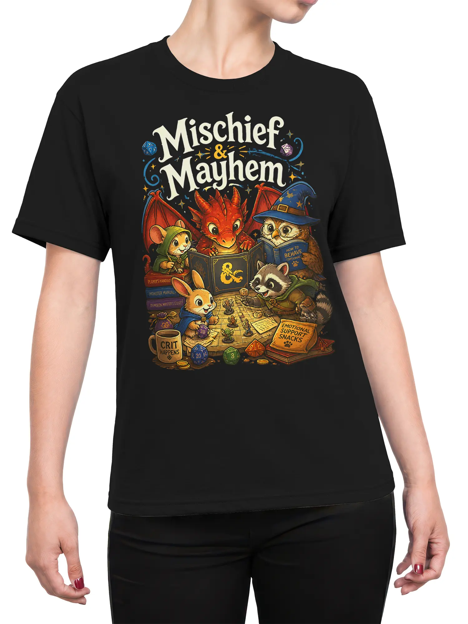 Female torso wearing a black fantasy T-shirt with dragon, animal adventurers, and tabletop game artwork