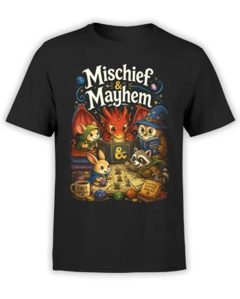 Black T-shirt with colorful dragon and animal adventurers playing a fantasy tabletop game