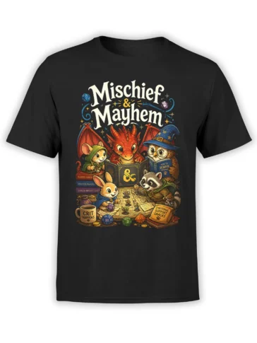 Black T-shirt with colorful dragon and animal adventurers playing a fantasy tabletop game