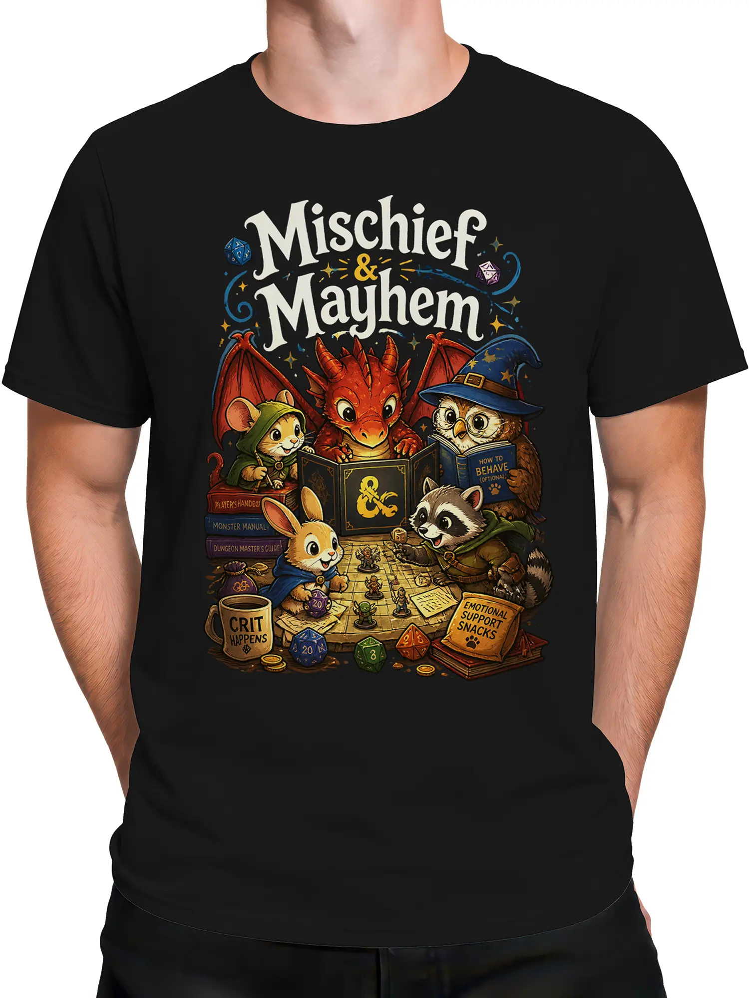 Male torso wearing a black fantasy T-shirt with colorful tabletop roleplaying artwork