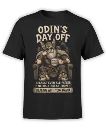 Black Odin Viking T-shirt with throne scene, wolves, raven, and World's Most Overthinker mug