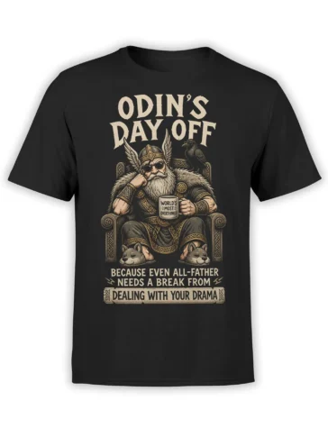 Black Odin Viking T-shirt with throne scene, wolves, raven, and World's Most Overthinker mug
