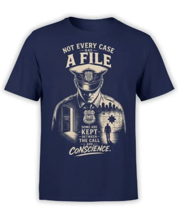 Vintage navy police officer T-shirt with cream text about cases, conscience, service, and integrity