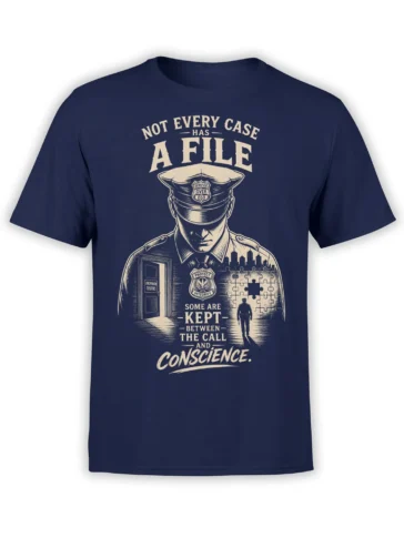 Vintage navy police officer T-shirt with cream text about cases, conscience, service, and integrity
