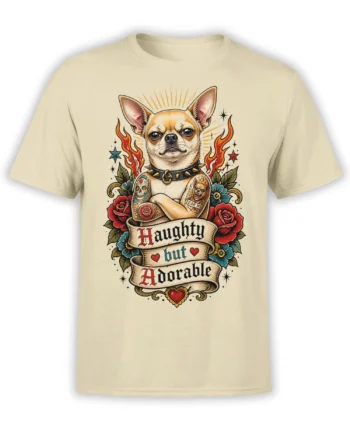 Haughty but adorable Chihuahua dog graphic with flames, roses, and tattoo art on a beige T-shirt