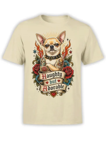 Haughty but adorable Chihuahua dog graphic with flames, roses, and tattoo art on a beige T-shirt