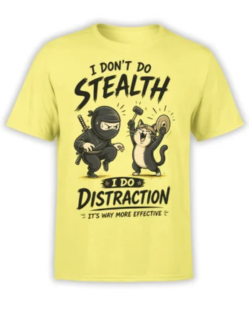Yellow T-shirt with a masked ninja, drumming cat, and “I Do Distraction” graphic
