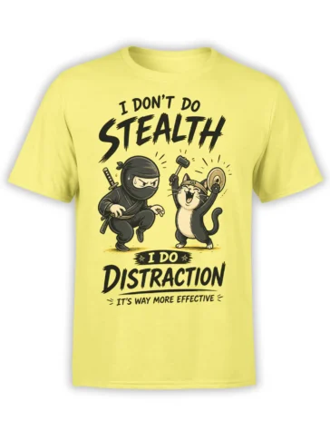 Yellow T-shirt with a masked ninja, drumming cat, and “I Do Distraction” graphic