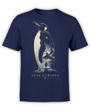 Vintage penguin graphic with mountains, golden stars, and STAY CURIOUS text on a navy T-shirt