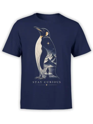 Vintage penguin graphic with mountains, golden stars, and STAY CURIOUS text on a navy T-shirt