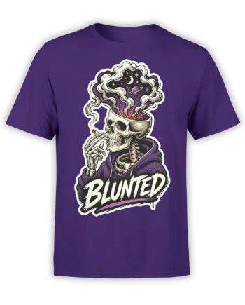 Purple shirt featuring a smoking skeleton, cosmic stars, crescent moon, Saturn, and bold BUNTED lettering