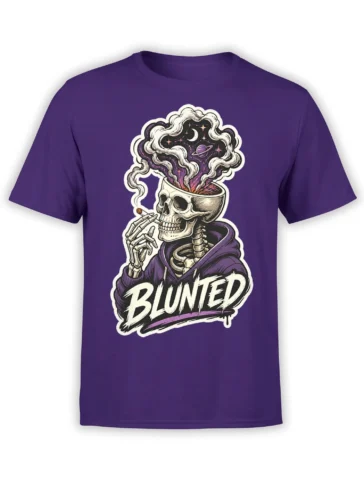 Purple shirt featuring a smoking skeleton, cosmic stars, crescent moon, Saturn, and bold BUNTED lettering
