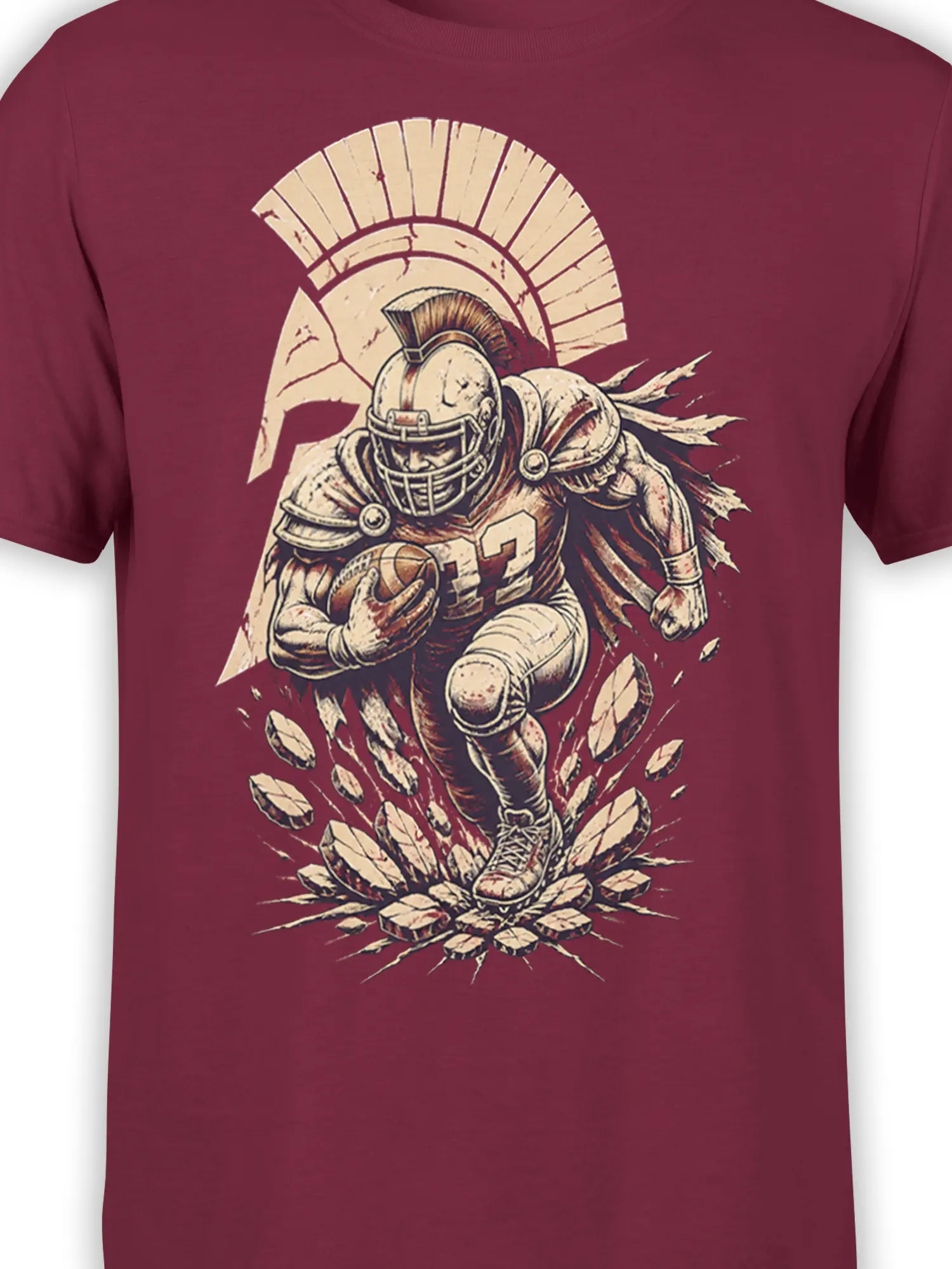 Close-up of Roman gladiator football artwork with helmet, armor, ball, and cream details on burgundy fabric