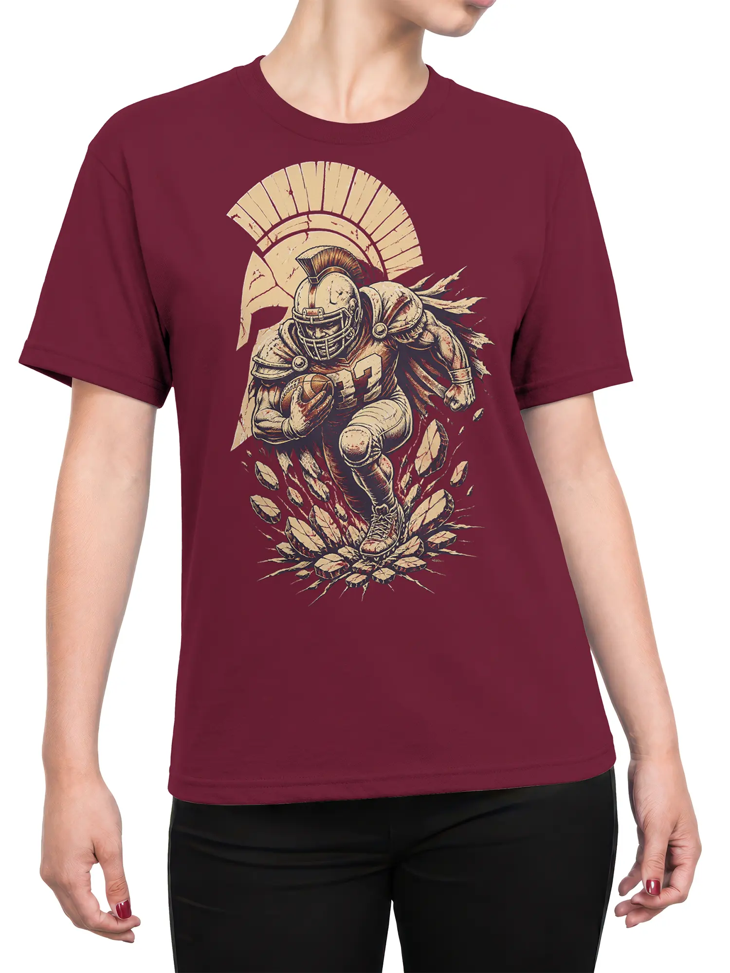 Female torso wearing a burgundy T-shirt with Roman gladiator football player artwork and cracked stone details
