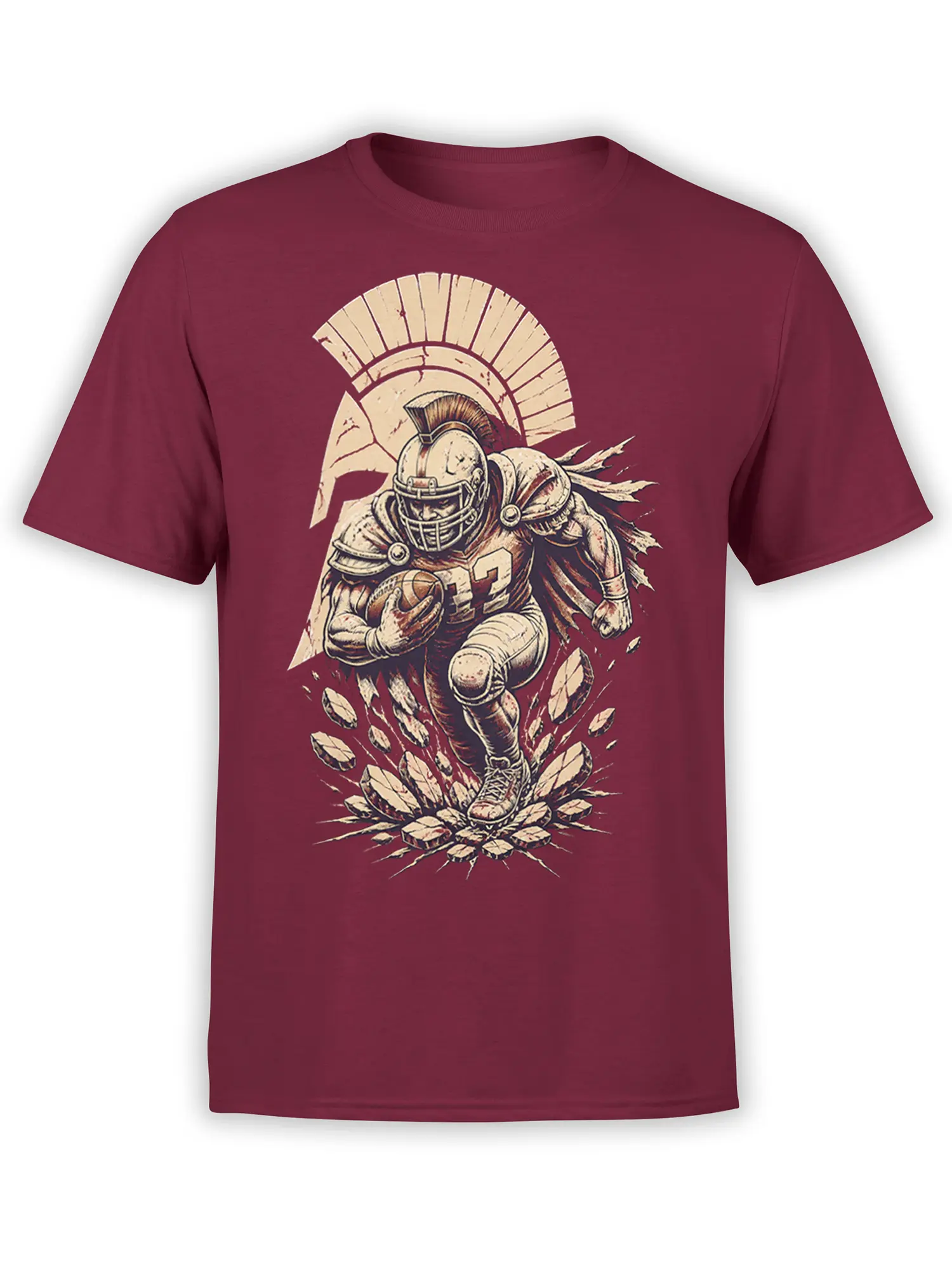 Roman gladiator football player charging with a ball on a burgundy American football T-shirt